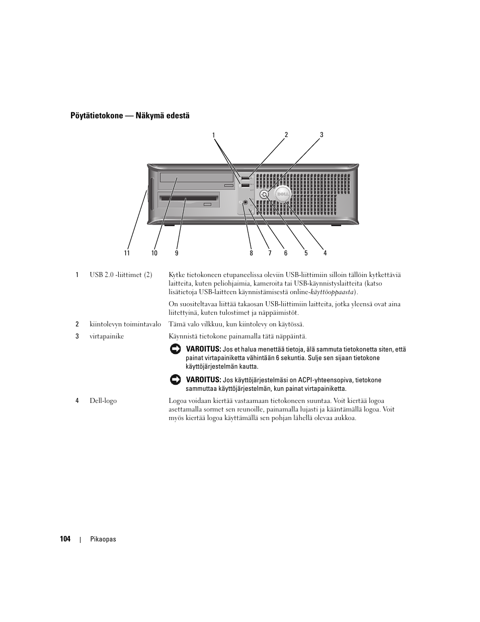 Pöytätietokone - näkymä edestä, Pöytätietokone — näkymä edestä | Dell OptiPlex 320 User Manual | Page 104 / 356