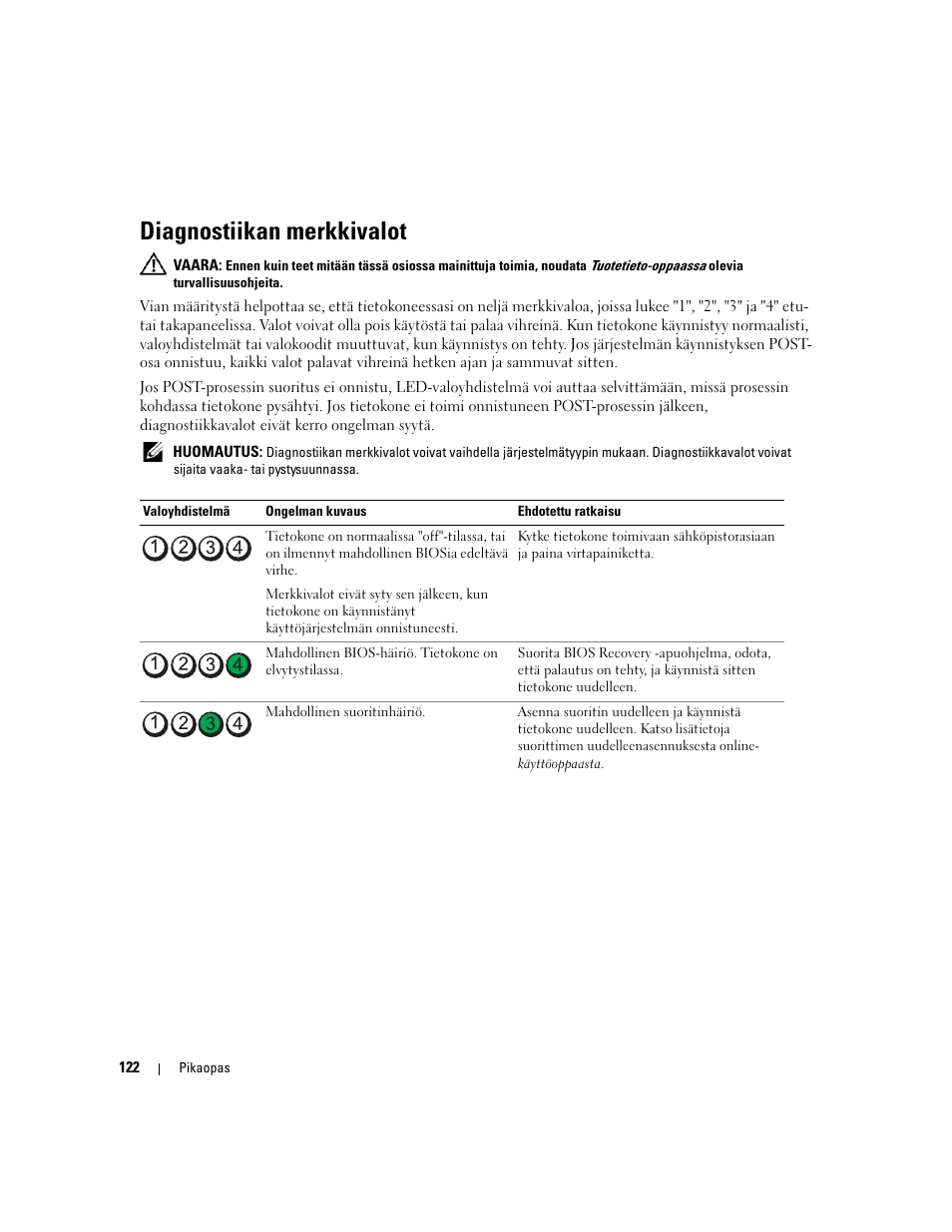 Diagnostiikan merkkivalot, Diagnostiikan merkkivalot sivulla 122) | Dell OptiPlex 320 User Manual | Page 122 / 356