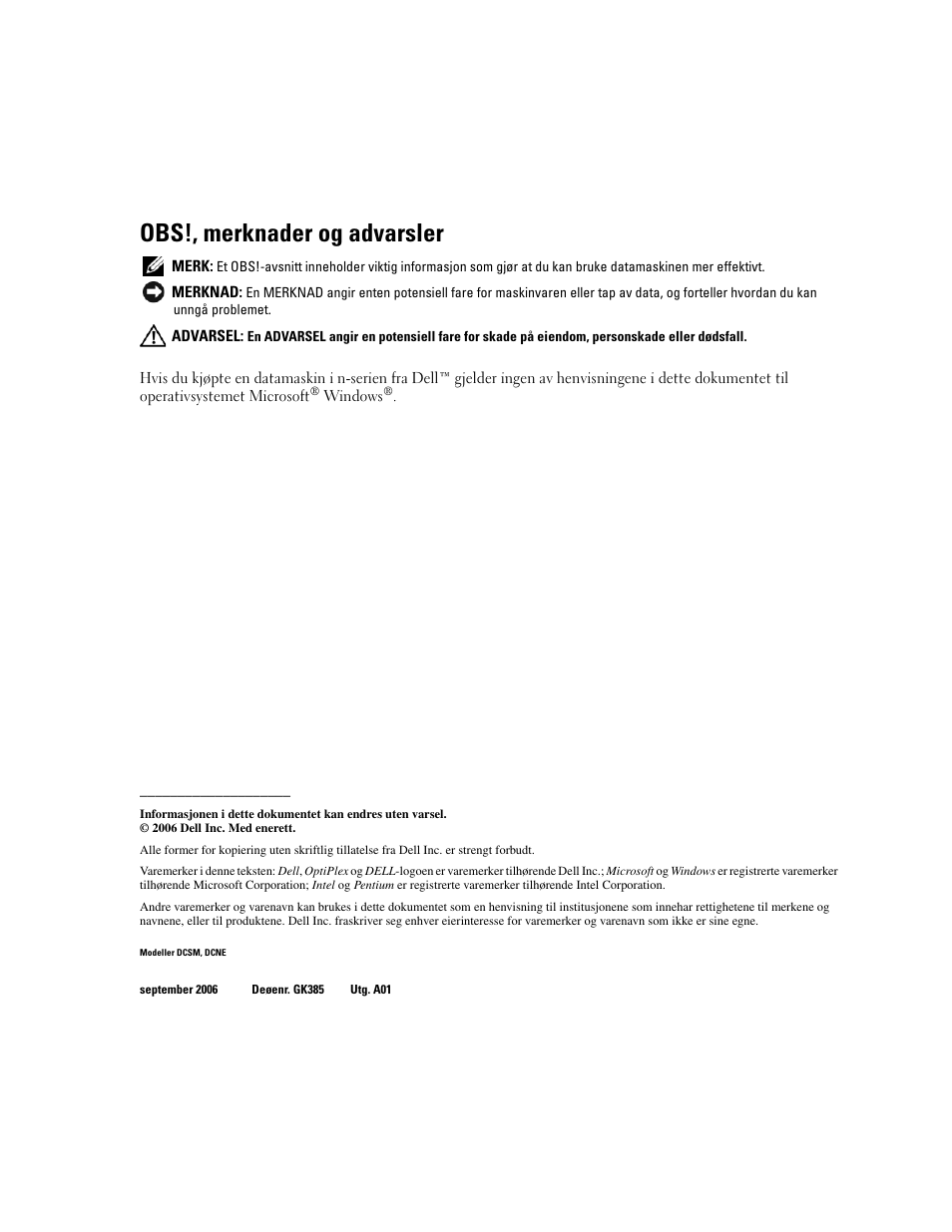 Obs!, merknader og advarsler | Dell OptiPlex 320 User Manual | Page 136 / 356