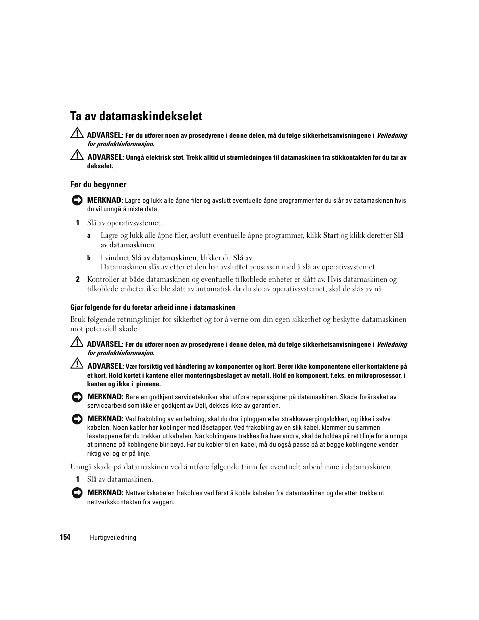 Ta av datamaskindekselet, Før du begynner | Dell OptiPlex 320 User Manual | Page 154 / 356