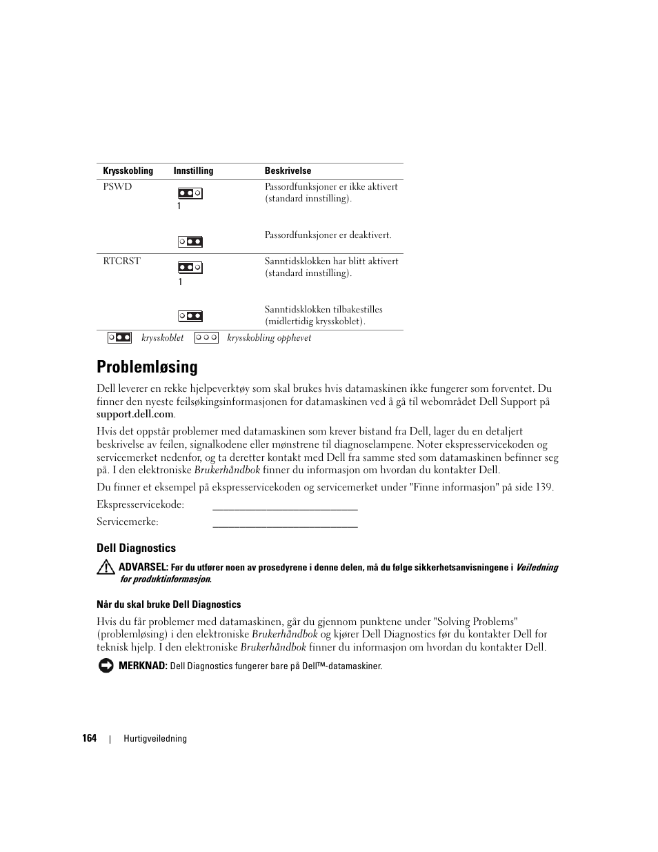 Problemløsing, Dell diagnostics | Dell OptiPlex 320 User Manual | Page 164 / 356