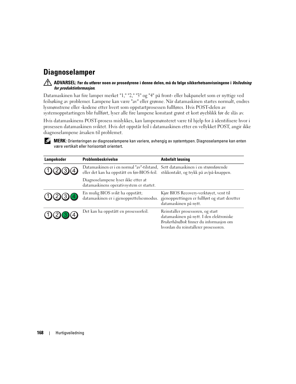 Diagnoselamper, Diagnoselamper" på side 168) | Dell OptiPlex 320 User Manual | Page 168 / 356