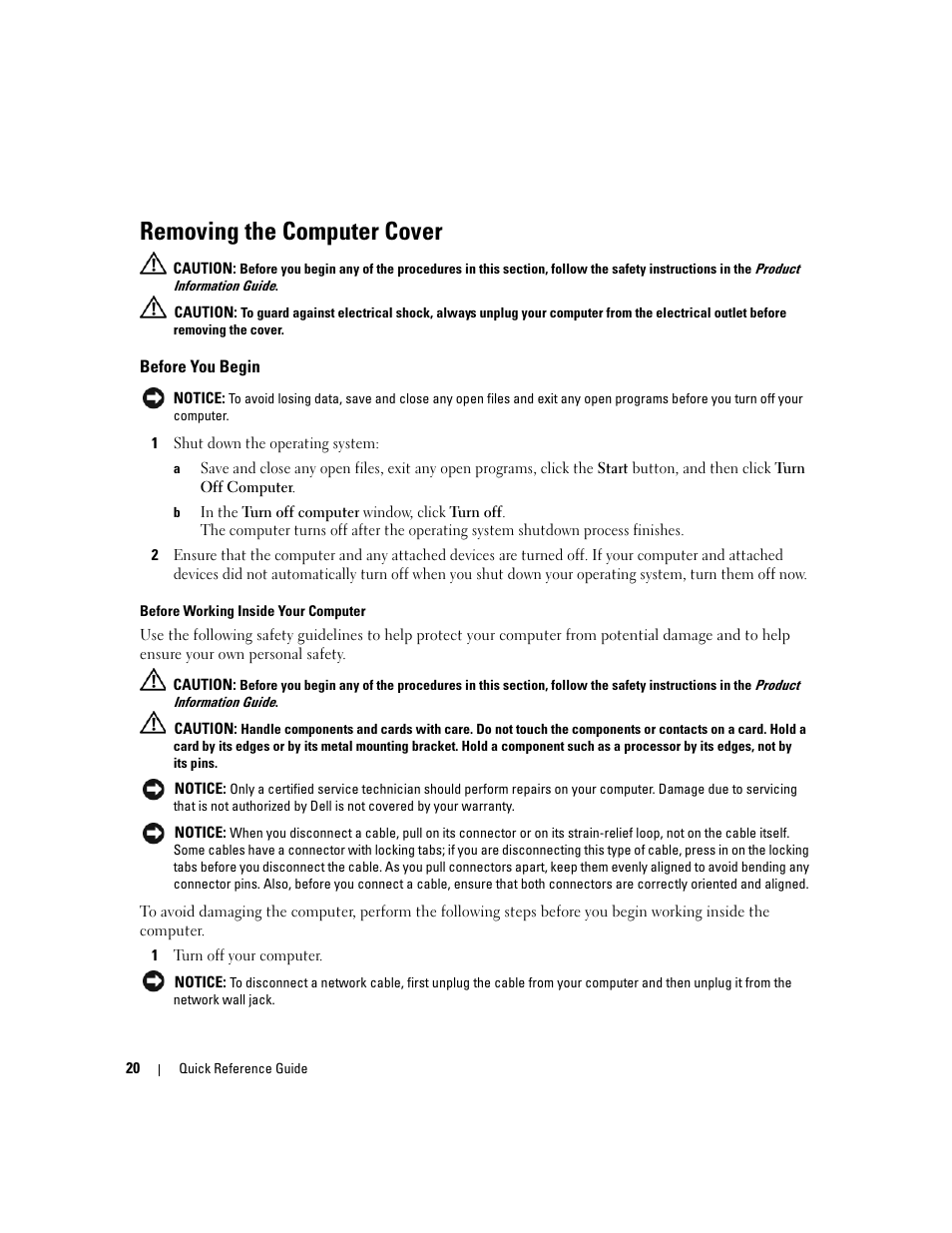 Removing the computer cover, Before you begin | Dell OptiPlex 320 User Manual | Page 20 / 356