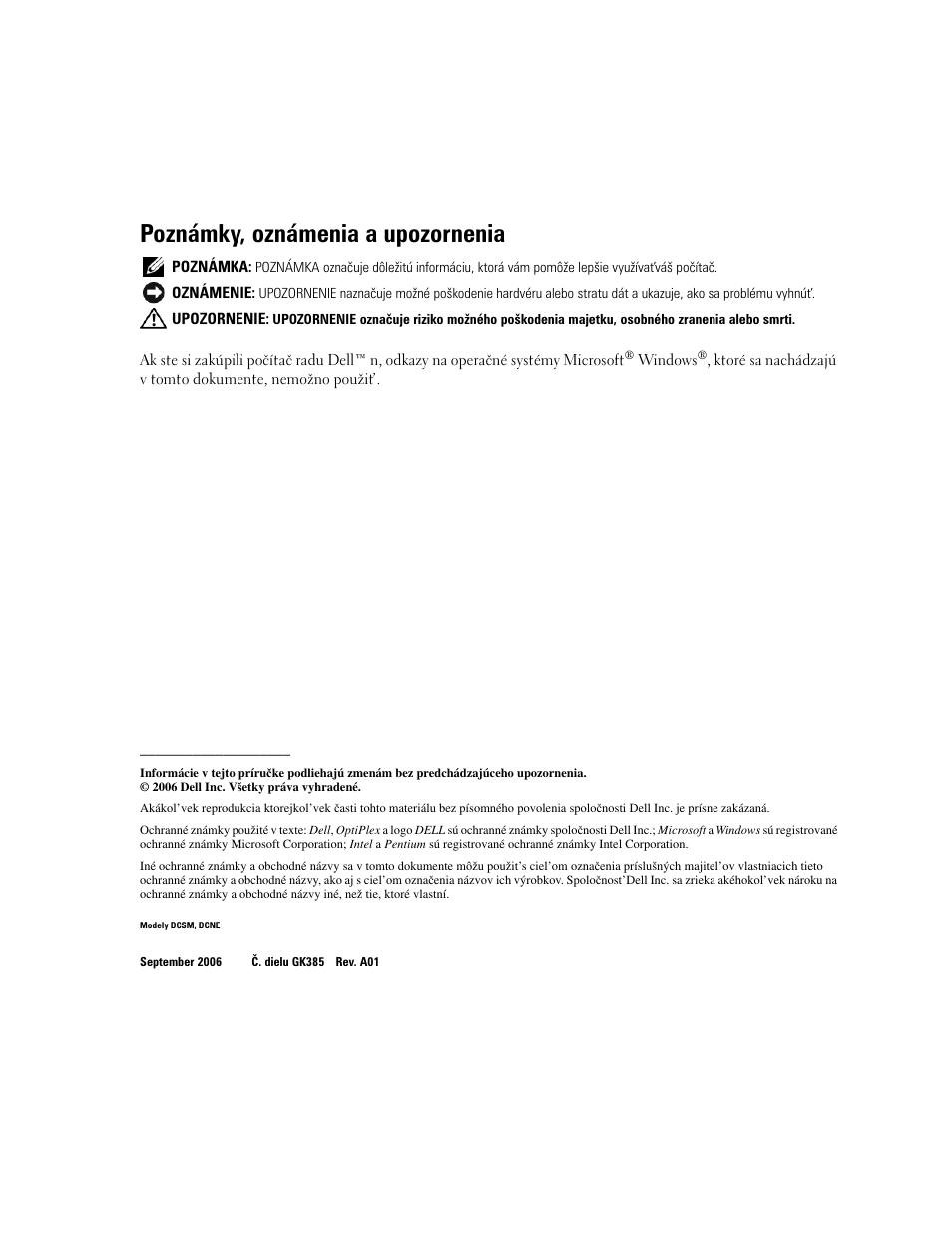 Poznámky, oznámenia a upozornenia | Dell OptiPlex 320 User Manual | Page 226 / 356