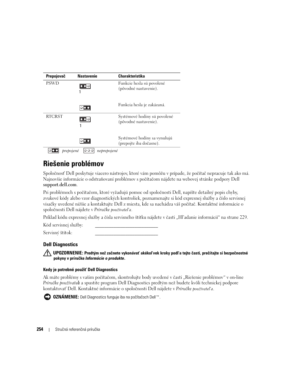 Riešenie problémov, Dell diagnostics | Dell OptiPlex 320 User Manual | Page 254 / 356