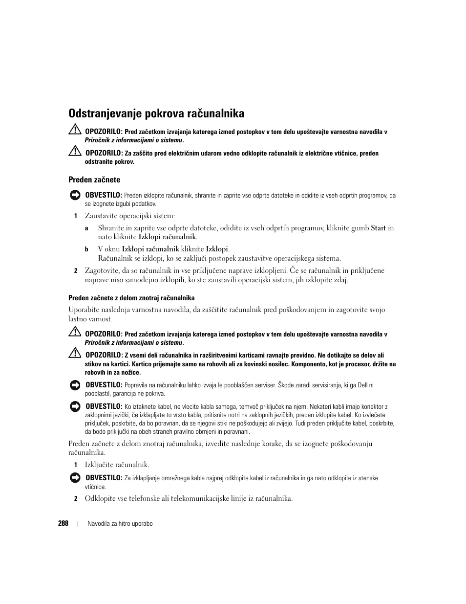 Odstranjevanje pokrova računalnika, Preden začnete | Dell OptiPlex 320 User Manual | Page 288 / 356