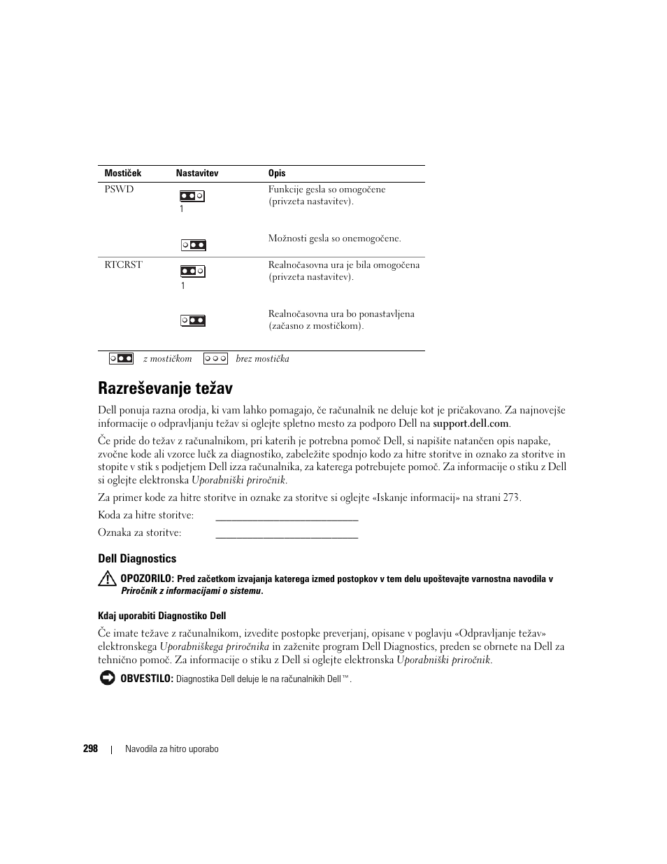 Razreševanje težav, Dell diagnostics | Dell OptiPlex 320 User Manual | Page 298 / 356