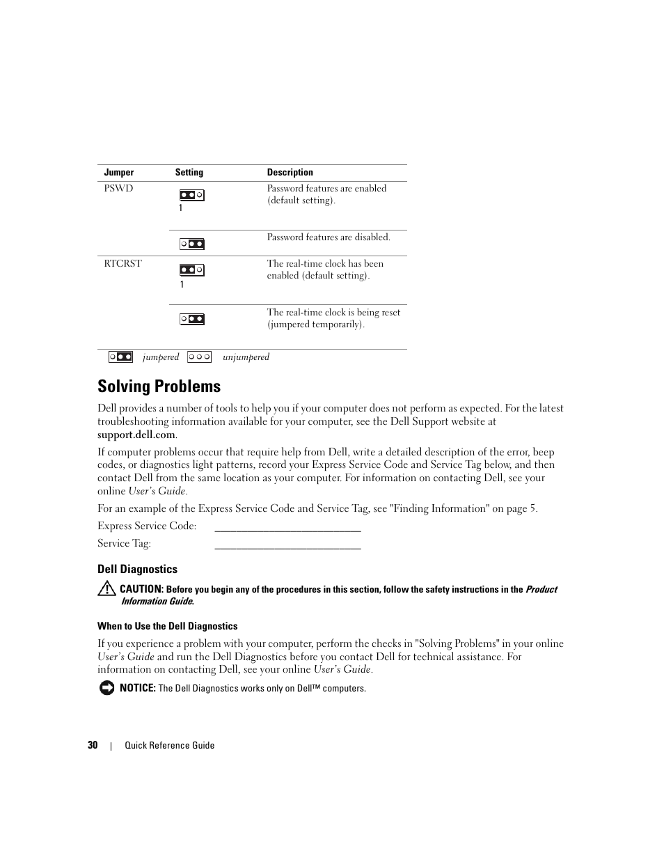 Solving problems, Dell diagnostics | Dell OptiPlex 320 User Manual | Page 30 / 356