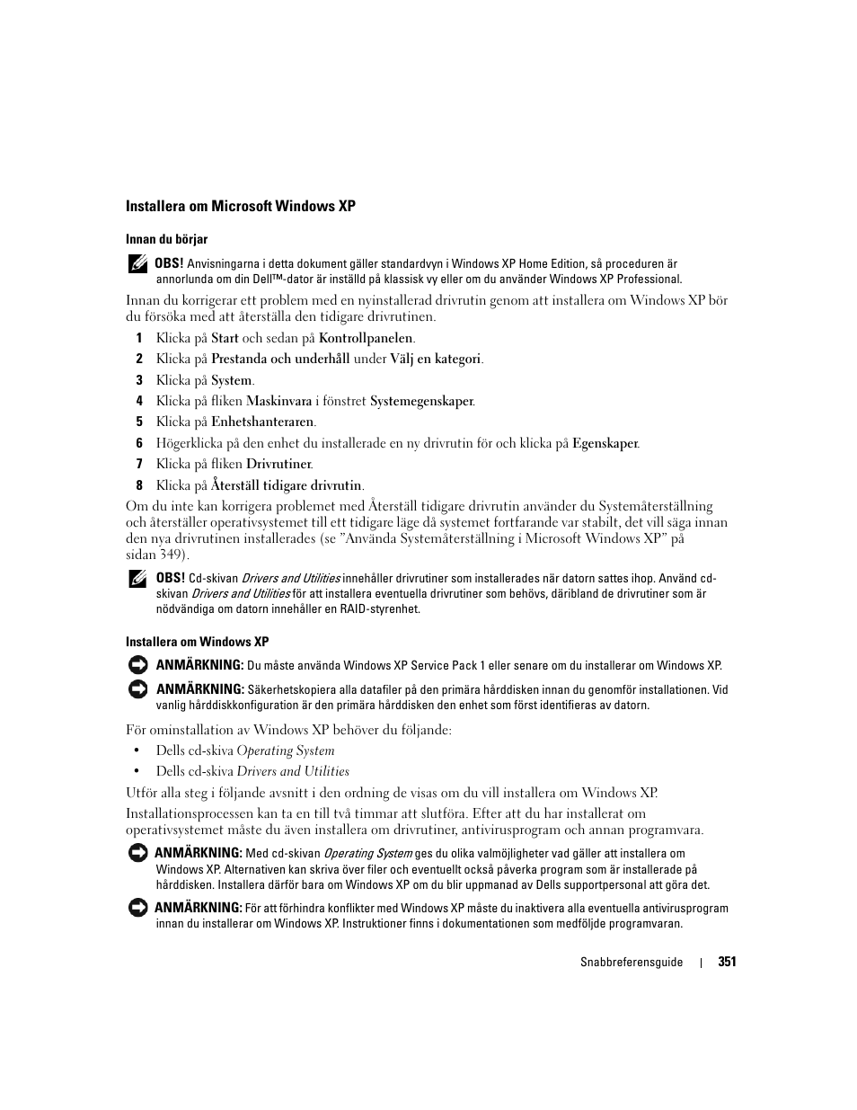 Installera om microsoft windows xp | Dell OptiPlex 320 User Manual | Page 351 / 356