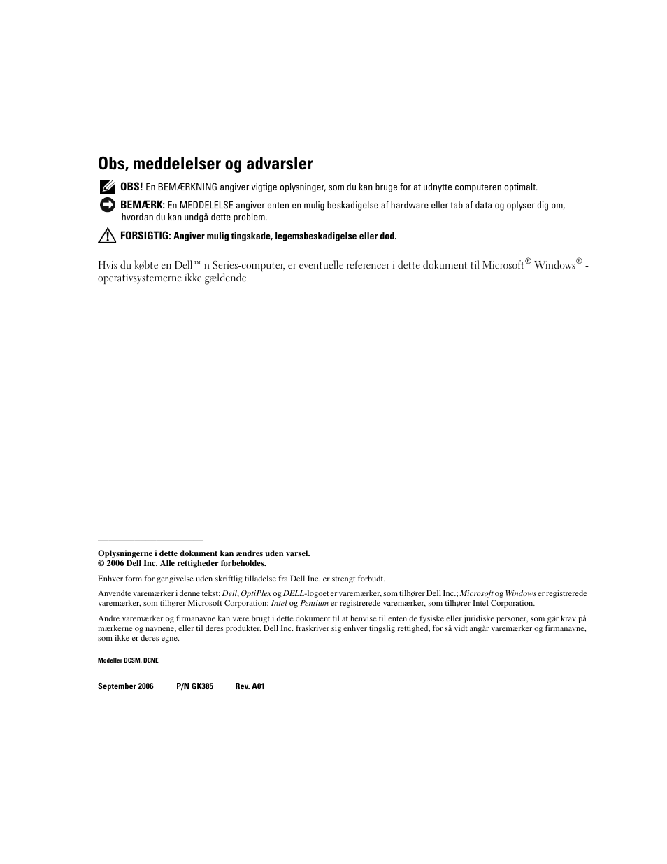 Obs, meddelelser og advarsler | Dell OptiPlex 320 User Manual | Page 46 / 356