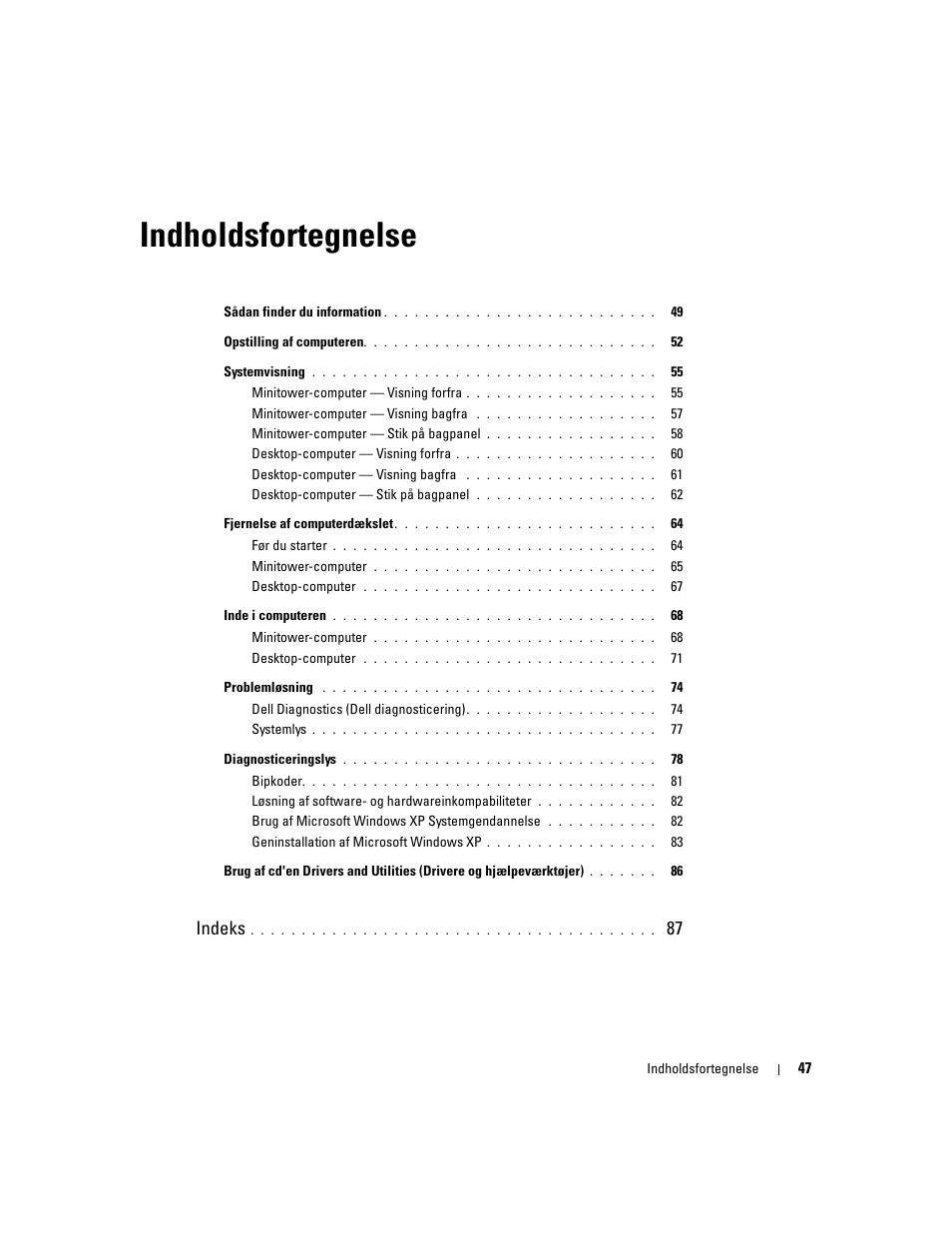 Indholdsfortegnelse, Indeks | Dell OptiPlex 320 User Manual | Page 47 / 356