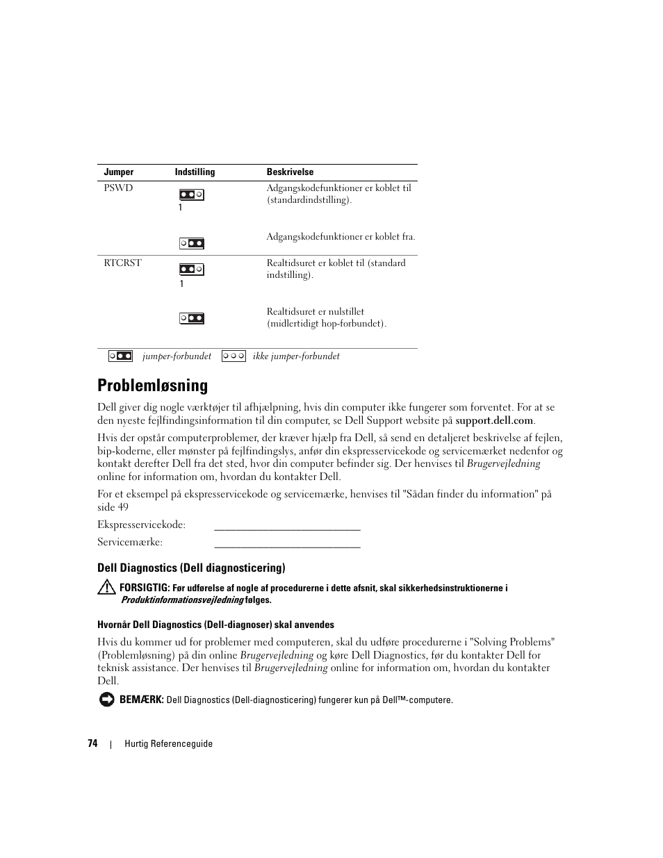 Problemløsning, Dell diagnostics (dell diagnosticering) | Dell OptiPlex 320 User Manual | Page 74 / 356