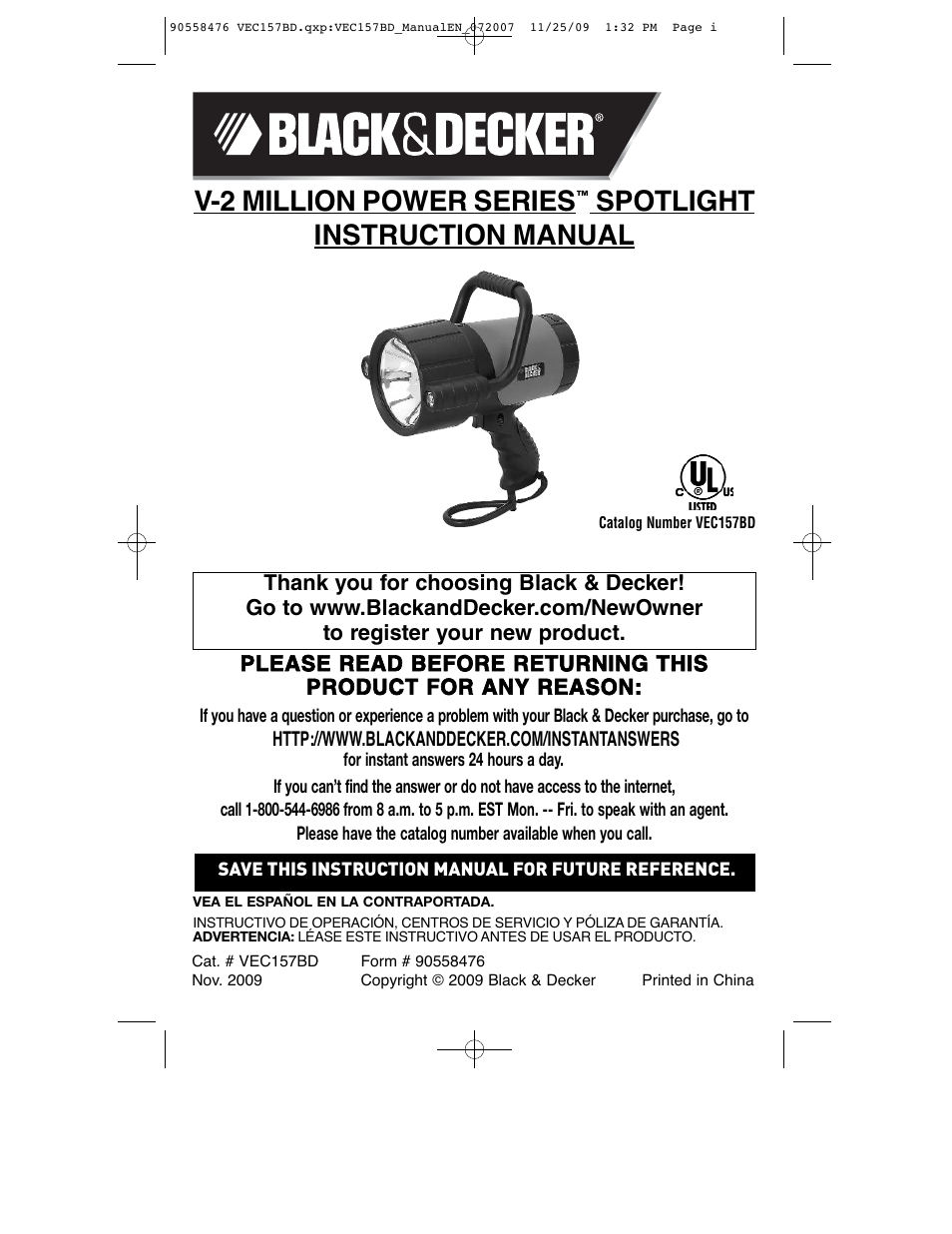 Black & Decker V-2 MILLION POWER SERIES VEC157BD User Manual | 26 pages