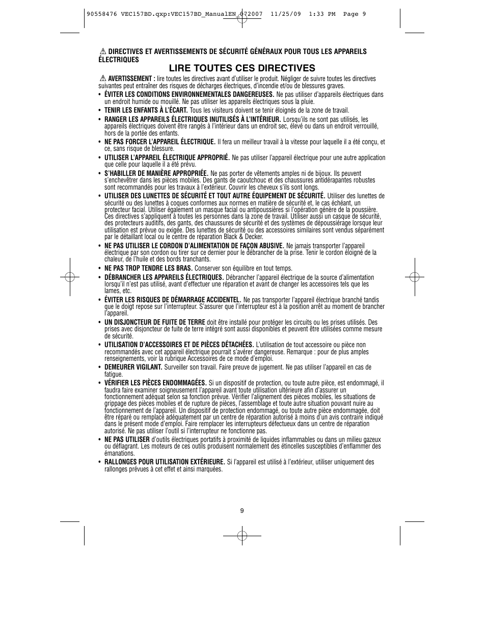 Lire toutes ces directives | Black & Decker V-2 MILLION POWER SERIES VEC157BD User Manual | Page 10 / 26