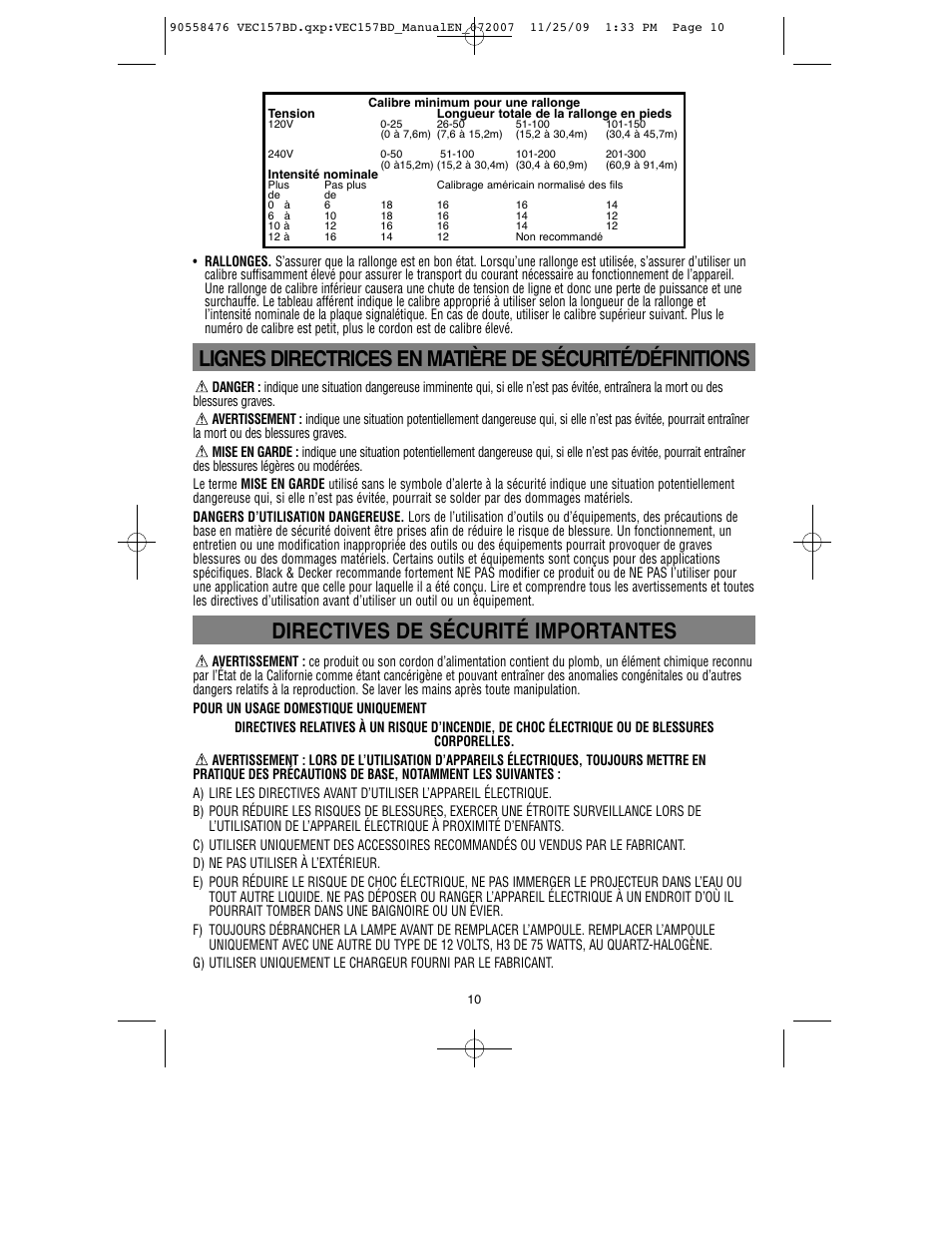 Directives de sécurité importantes | Black & Decker V-2 MILLION POWER SERIES VEC157BD User Manual | Page 11 / 26