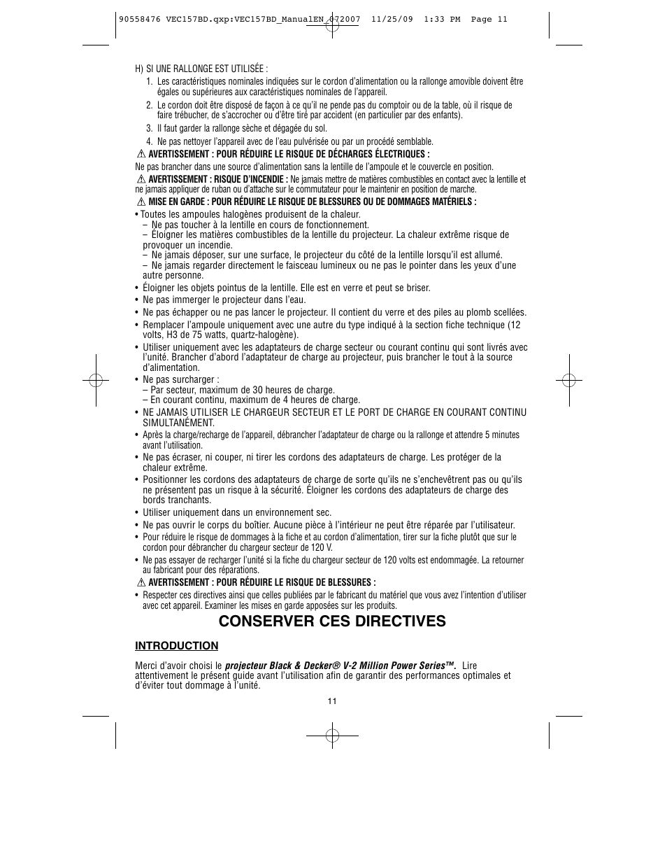 Conserver ces directives | Black & Decker V-2 MILLION POWER SERIES VEC157BD User Manual | Page 12 / 26