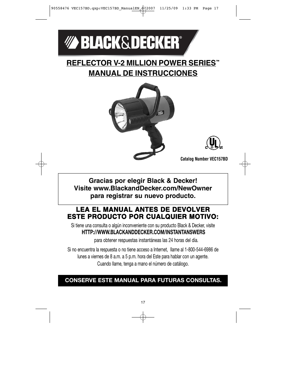 Reflector v-2 million power series, Manual de instrucciones | Black & Decker V-2 MILLION POWER SERIES VEC157BD User Manual | Page 18 / 26