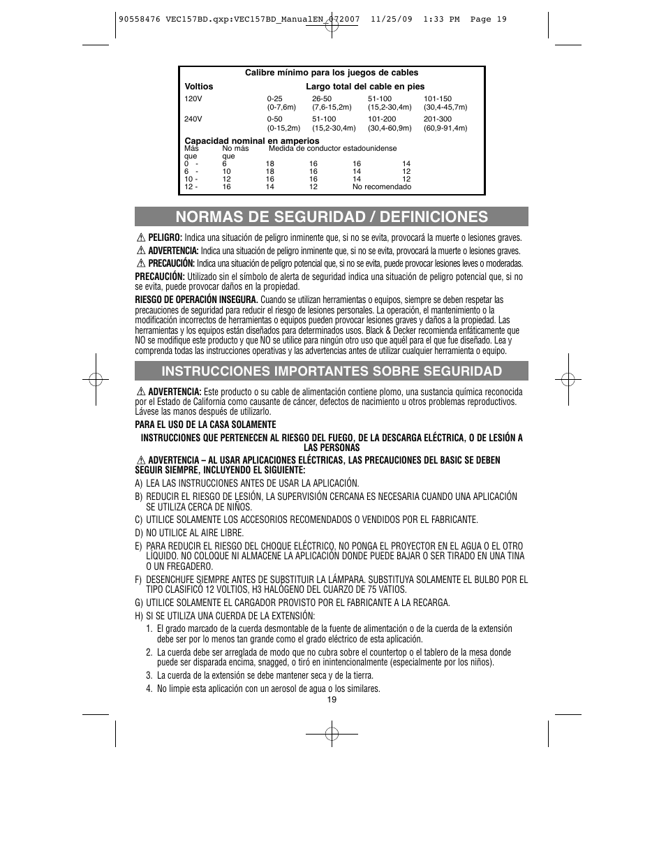 Normas de seguridad / definiciones, Instrucciones importantes sobre seguridad | Black & Decker V-2 MILLION POWER SERIES VEC157BD User Manual | Page 20 / 26