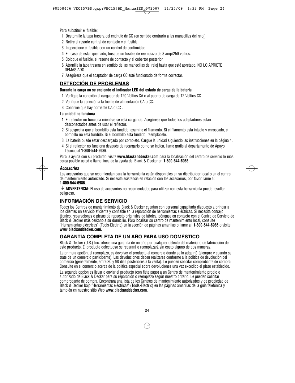 Black & Decker V-2 MILLION POWER SERIES VEC157BD User Manual | Page 25 / 26