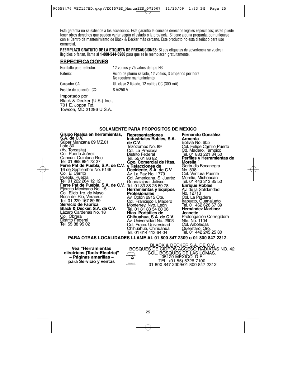 Black & Decker V-2 MILLION POWER SERIES VEC157BD User Manual | Page 26 / 26