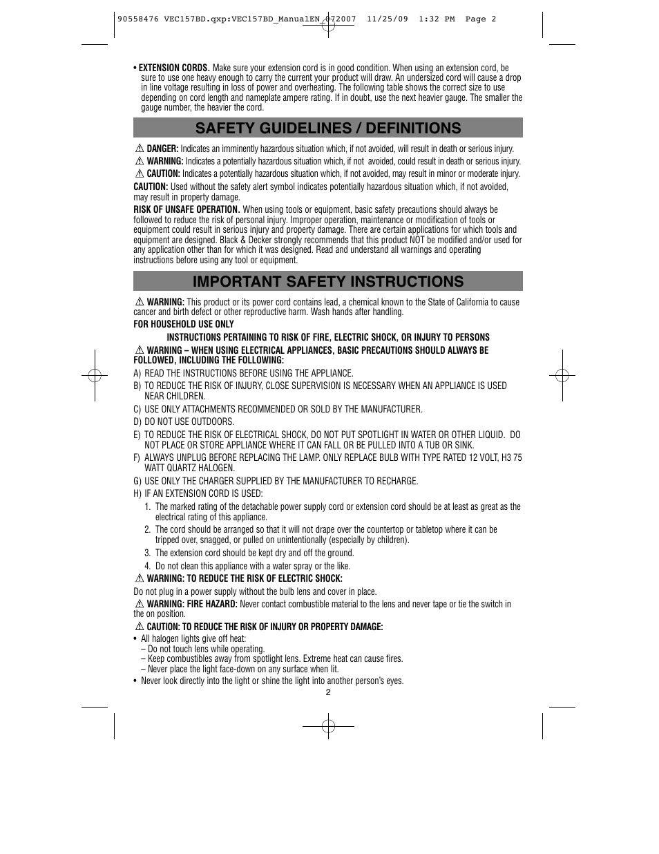 Safety guidelines / definitions, Important safety instructions | Black & Decker V-2 MILLION POWER SERIES VEC157BD User Manual | Page 3 / 26