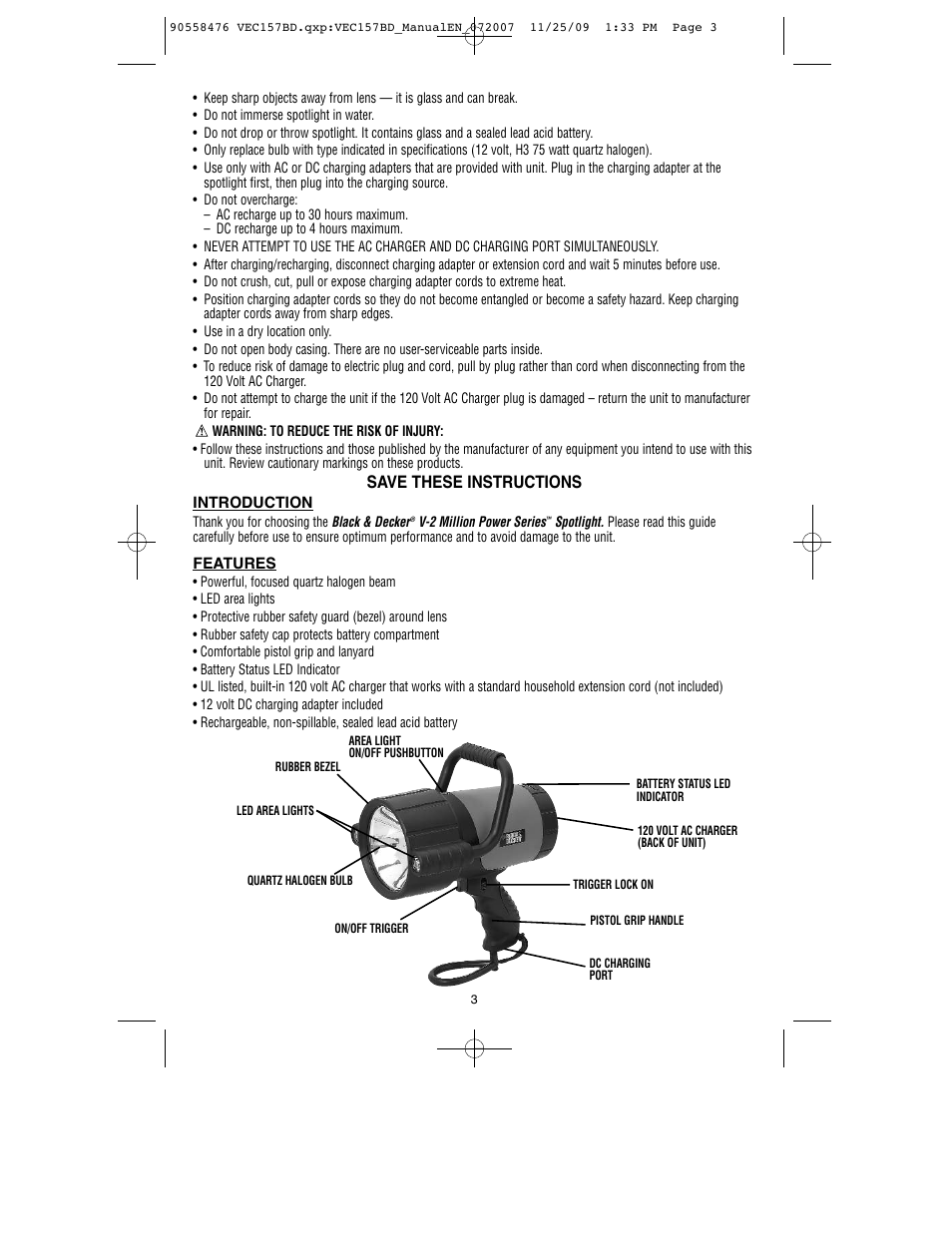 Save these instructions | Black & Decker V-2 MILLION POWER SERIES VEC157BD User Manual | Page 4 / 26