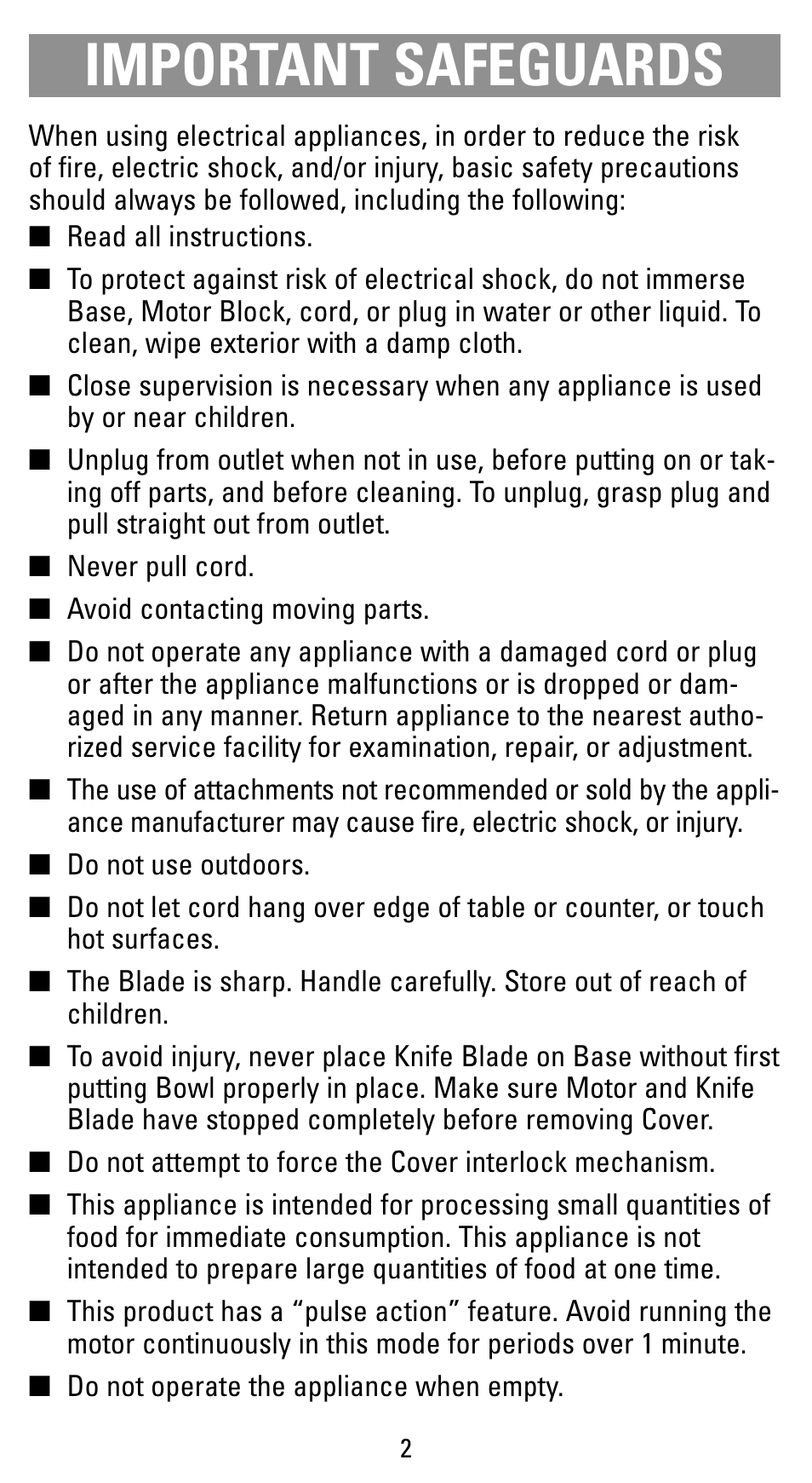 Safegaurds, Important safeguards | Black & Decker HC2000 User Manual | Page 2 / 6