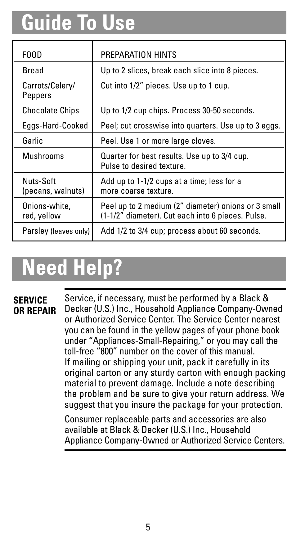Guide to use, Guide to use need help | Black & Decker HC2000 User Manual | Page 5 / 6