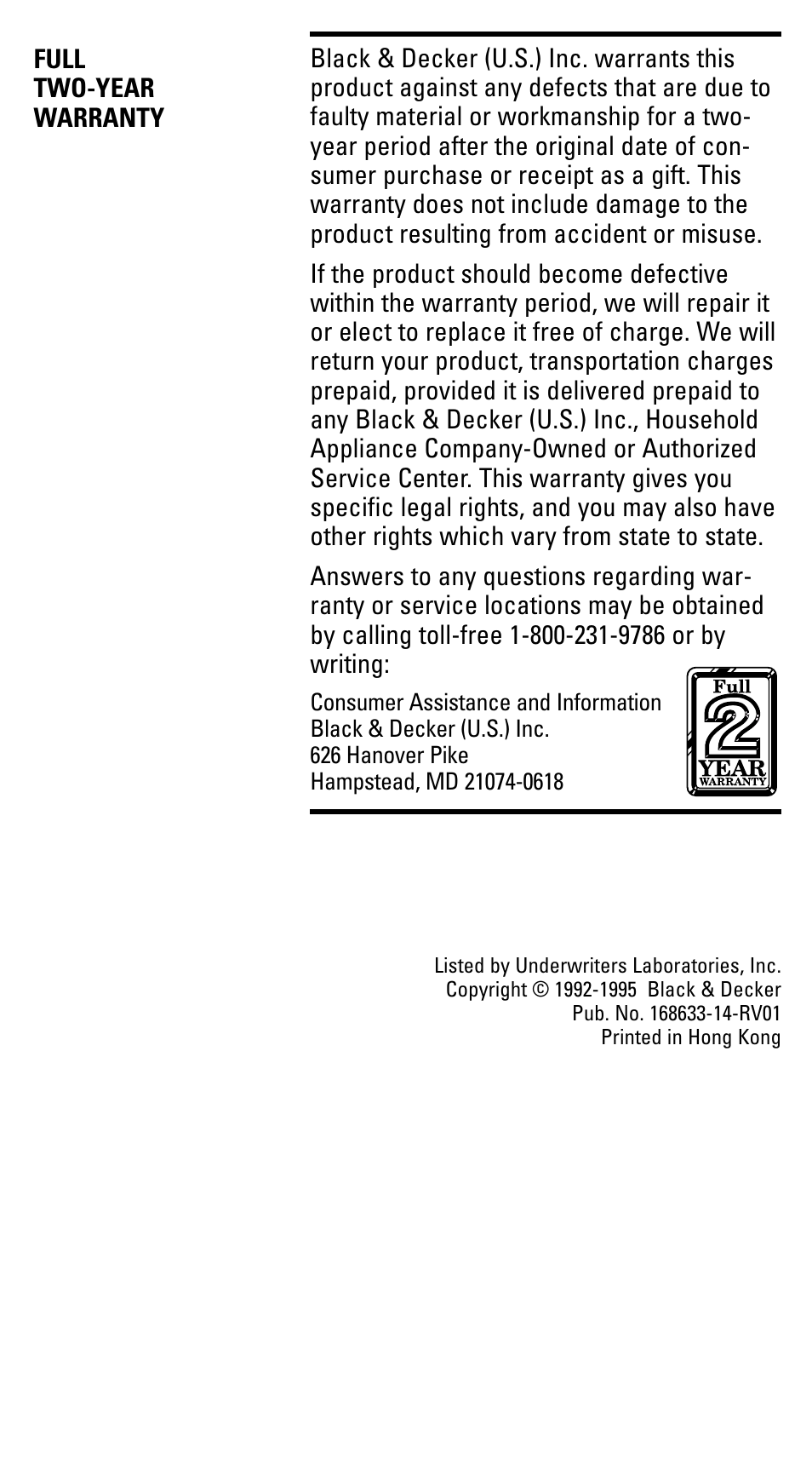 Warranty | Black & Decker HC2000 User Manual | Page 6 / 6