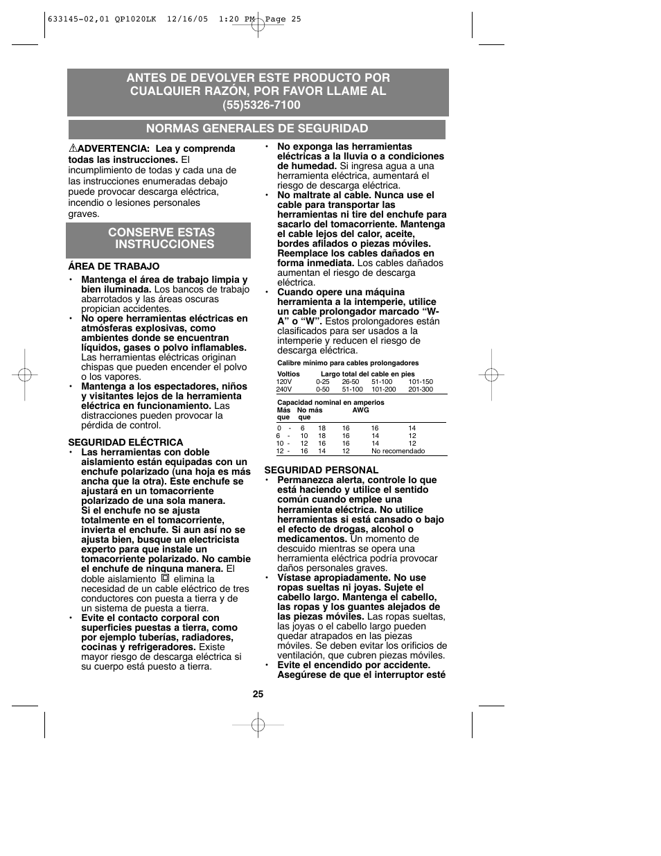 Normas generales de seguridad, Save conserve estas instr instrucciones ucciones t | Black & Decker QP1020LK User Manual | Page 25 / 38