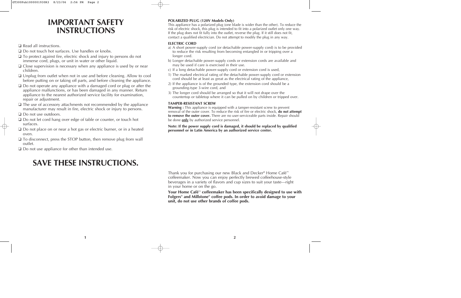 Important safety instructions, Save these instructions | Black & Decker GT305. GT320 User Manual | Page 2 / 23