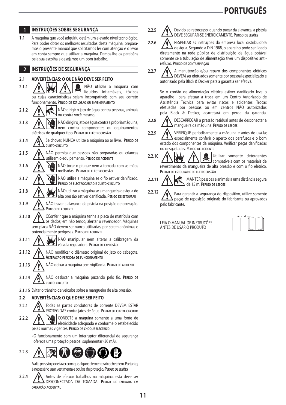 Português, Instruções sobre segurança, Instruções de segurança | Black & Decker Linea Pro PW2100 User Manual | Page 11 / 20