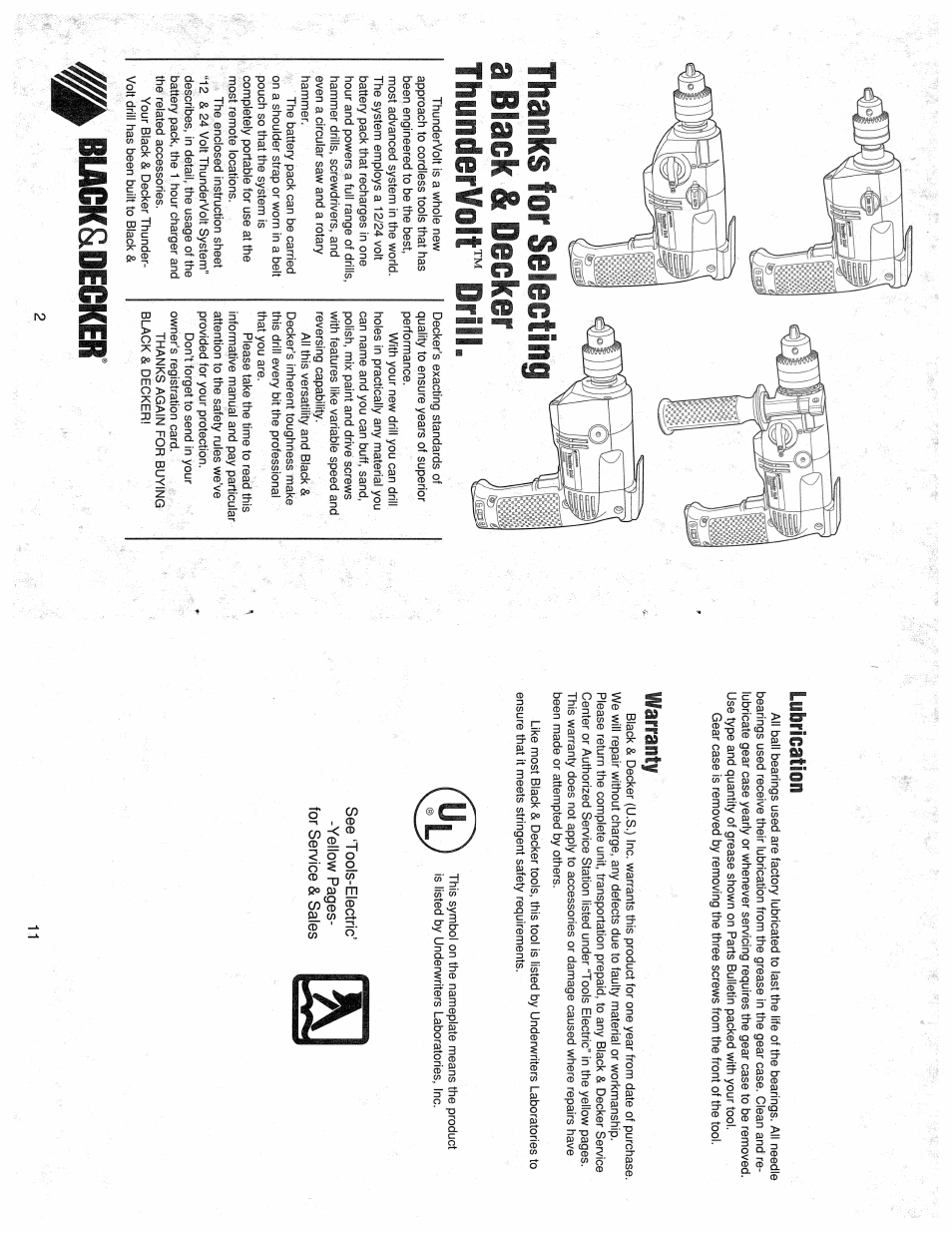 Lubrication, Warranty, Biacks | Decker | Black & Decker Thunder Volt 1801 User Manual | Page 2 / 6