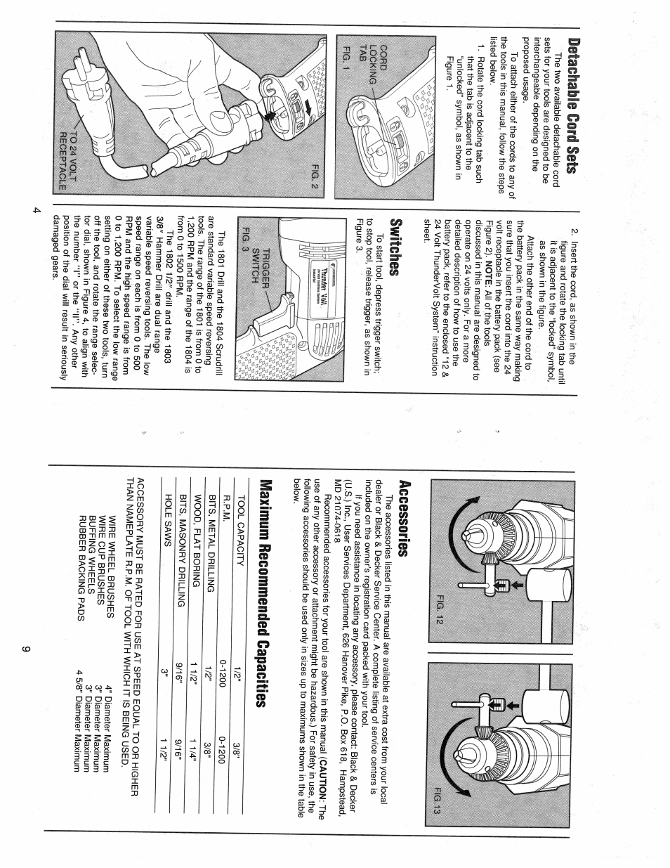 Detachable cord sets, Switches, Accessories | Maximum recommended capacities | Black & Decker Thunder Volt 1801 User Manual | Page 4 / 6
