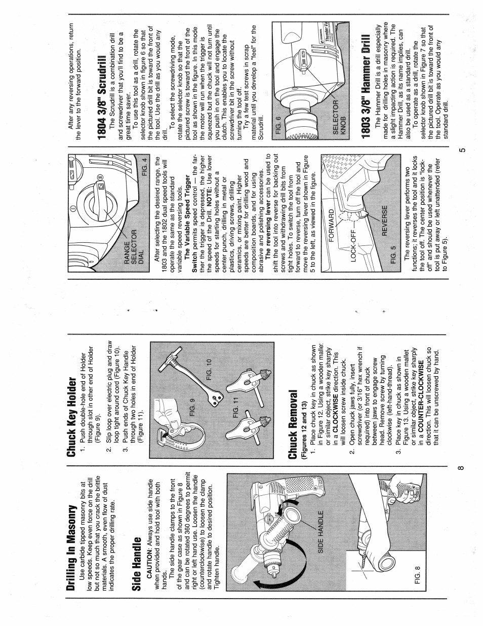 Drilling in masonry, Side handle, Chuck key holder | Chuck removal, 1804 3/8" scrudrill, 1803 3/8" hammer drill | Black & Decker Thunder Volt 1801 User Manual | Page 5 / 6