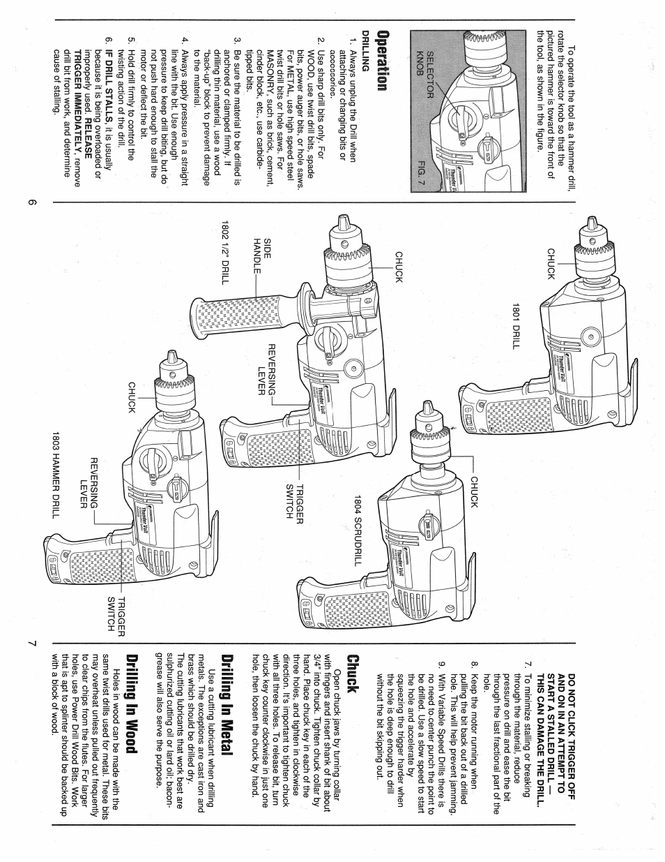 Chuck, Drilling in metal, Drilling in wood | Operation | Black & Decker Thunder Volt 1801 User Manual | Page 6 / 6