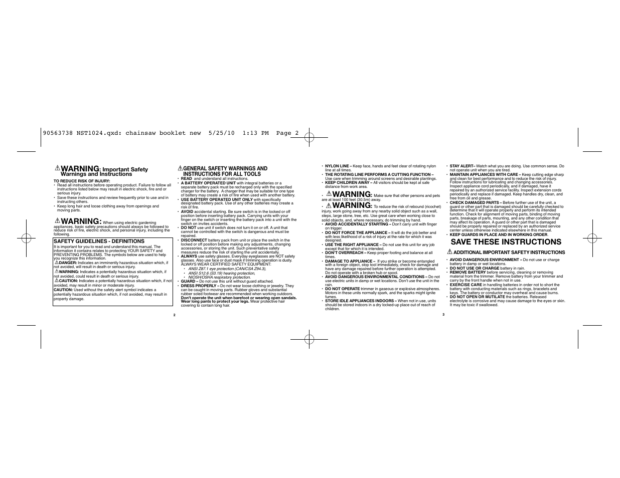 Warning, Save these instructions | Black & Decker NST1024 User Manual | Page 2 / 25