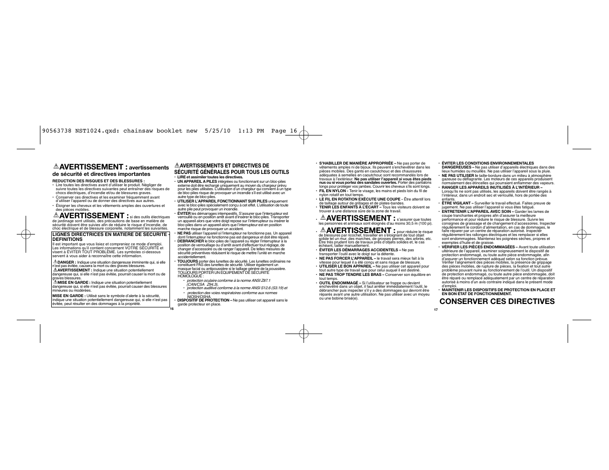 Avertissement, Conserver ces directives | Black & Decker NST1024 User Manual | Page 9 / 25