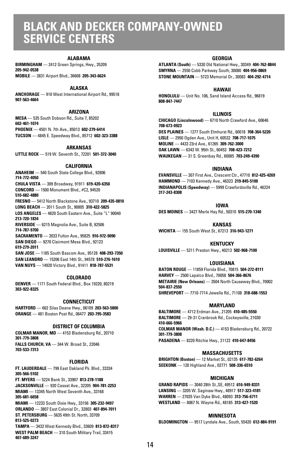 Service centers, Black and decker company-owned service centers | Black & Decker F855 User Manual | Page 14 / 16