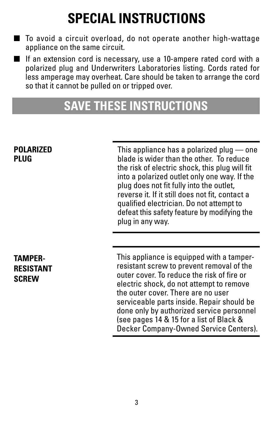 Special instructions, Save these instructions | Black & Decker F855 User Manual | Page 3 / 16