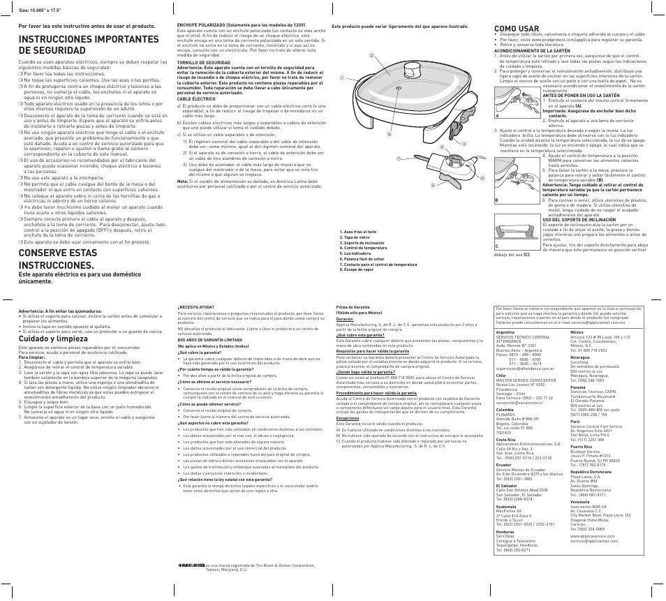 Instrucciones importantes de seguridad, Conserve estas instrucciones, Como usar | Cuidado y limpieza | Black & Decker SKG105 User Manual | Page 2 / 2