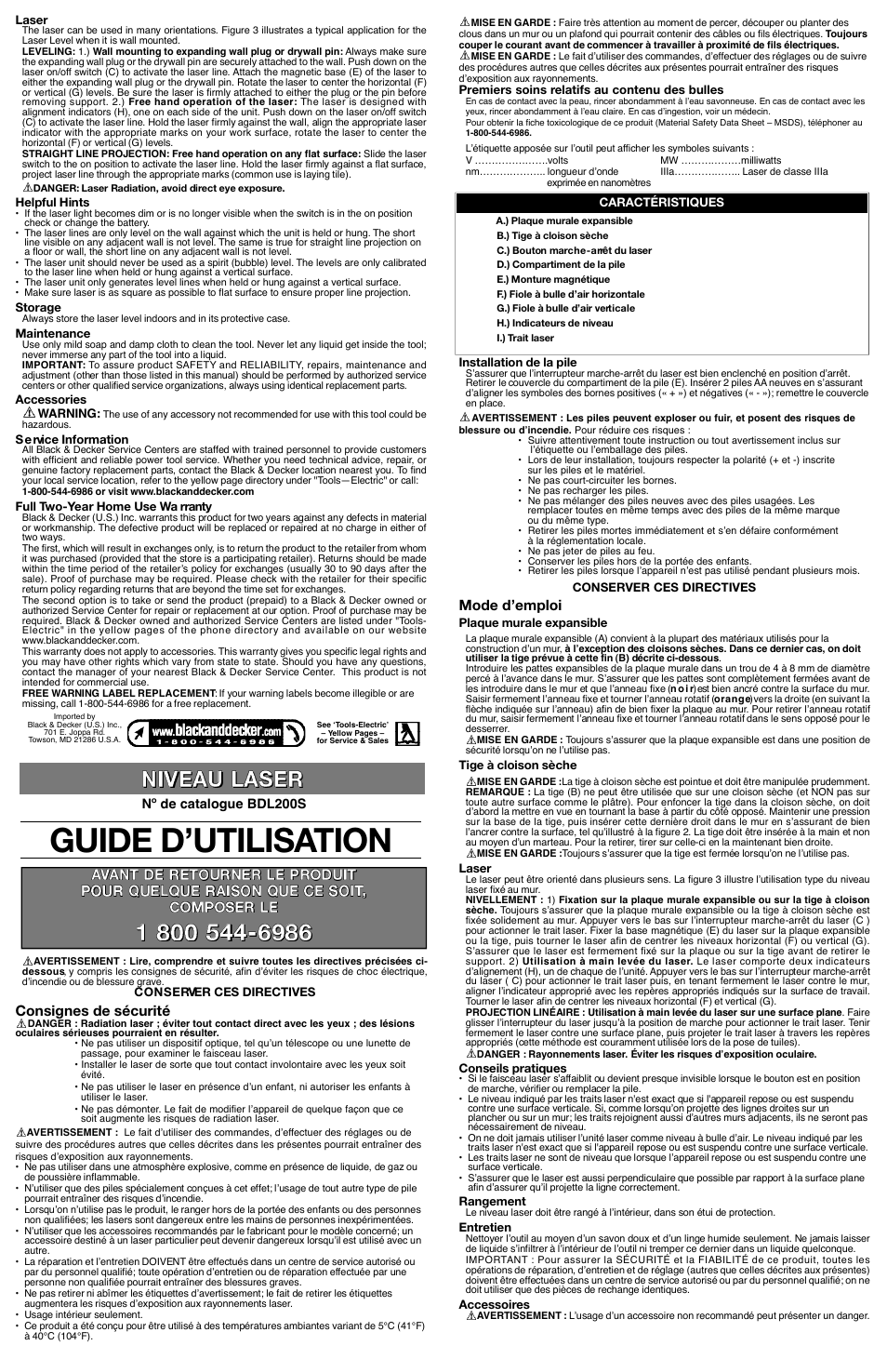 Guide d’utilisat i o n, Mode d’emploi, Consignes de sécurité | Nº de catalogue bdl200s | Black & Decker 618898-00 User Manual | Page 2 / 4