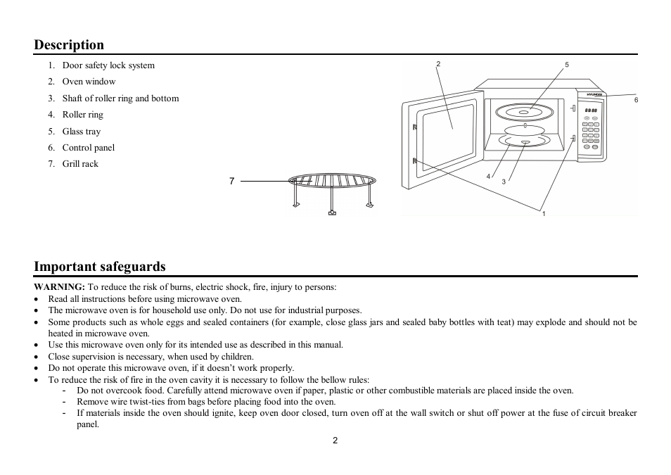 Description, Important safeguards | Hyundai H-MW3023 User Manual | Page 2 / 23