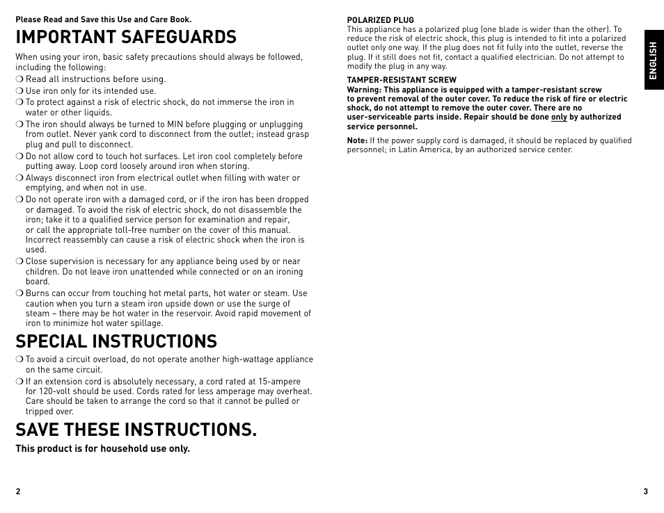 Important safeguards, Special instructions, Save these instructions | Black & Decker STEAMADVANTAGE IR008SNA User Manual | Page 2 / 11