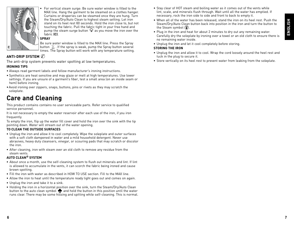 Care and cleaning | Black & Decker STEAMADVANTAGE IR008SNA User Manual | Page 4 / 11