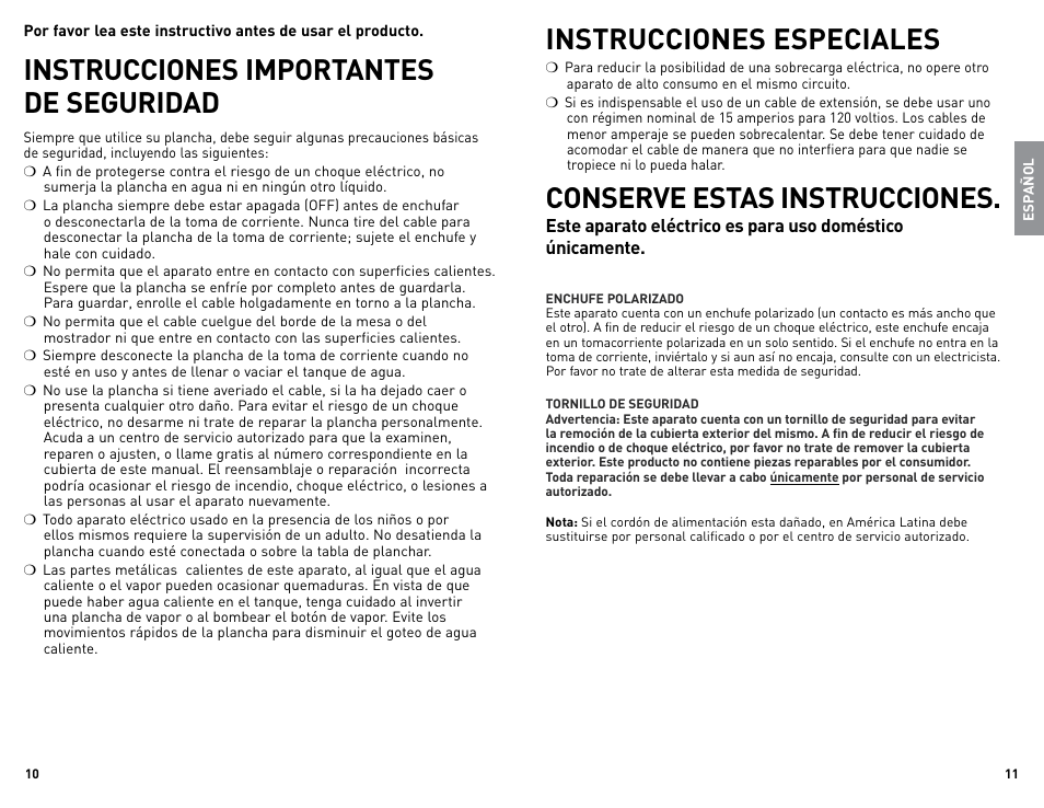 Instrucciones importantes de seguridad, Instrucciones especiales, Conserve estas instrucciones | Black & Decker STEAMADVANTAGE IR008SNA User Manual | Page 6 / 11