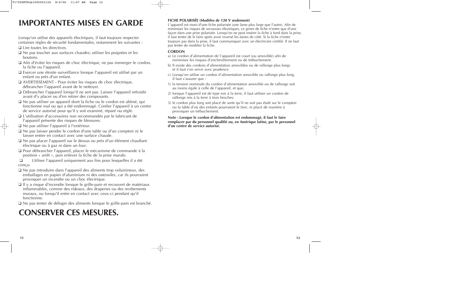 Importantes mises en garde conserver ces mesures | Black & Decker T1700S User Manual | Page 7 / 11