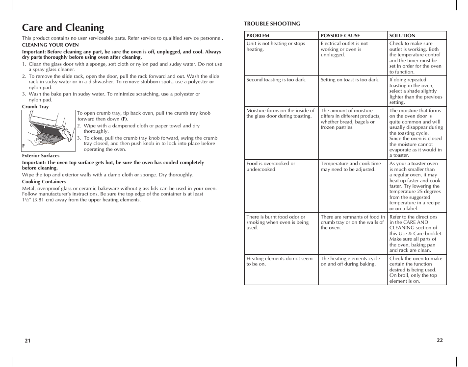 Care and cleaning | Black & Decker TRO421 User Manual | Page 12 / 15