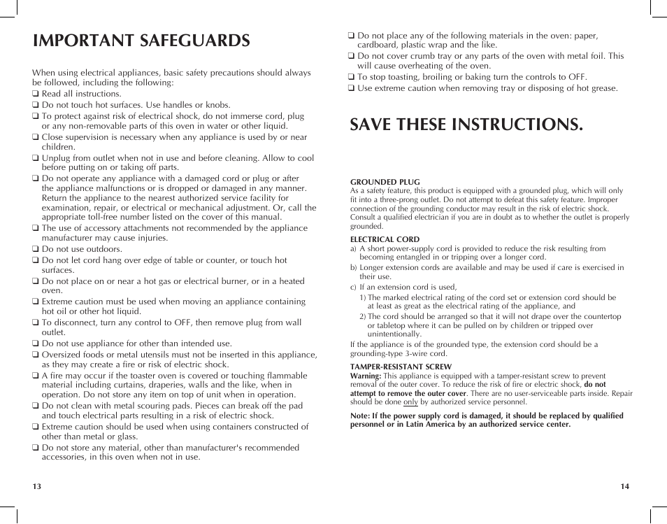 Save these instructions, Important safeguards | Black & Decker TRO421 User Manual | Page 8 / 15