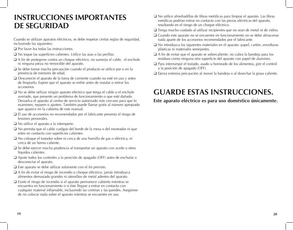 Guarde estas instrucciones, Instrucciones importantes de seguridad | Black & Decker Perfect Broil CTO4300W User Manual | Page 11 / 33